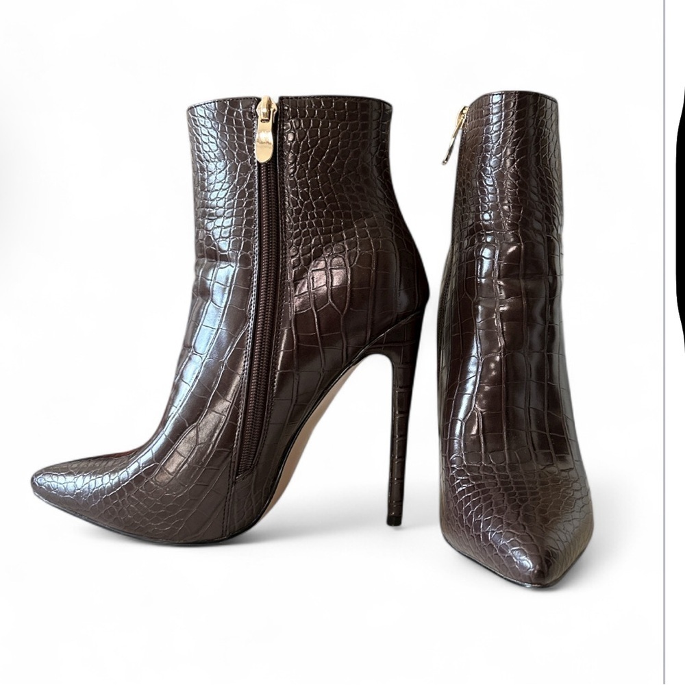 Women’s Chocolate Brown Faux Croc Effect Stiletto Booties, 9